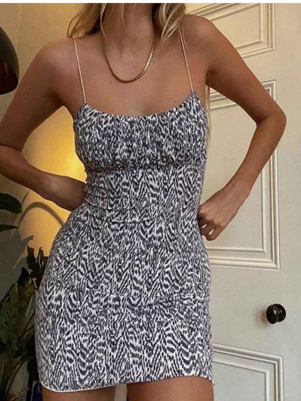 Urban Outfitters Emma printed cream blue dress bungee straps XS Empire Records